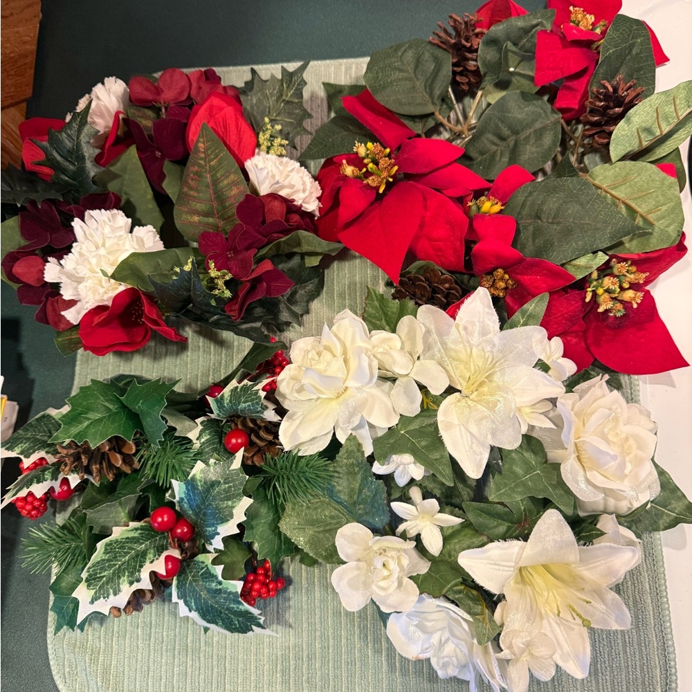 Lot Of 4 Vintage Christmas Pillar Candle Silk Flower Candle Wreaths